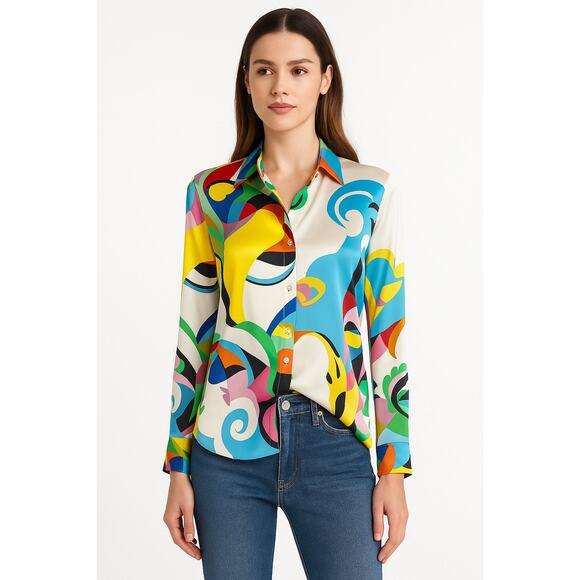 L’AGENCE Tyler Silk Charmeuse Blouse Multi Kaleidoscope Size Small - Picture 2 of 13